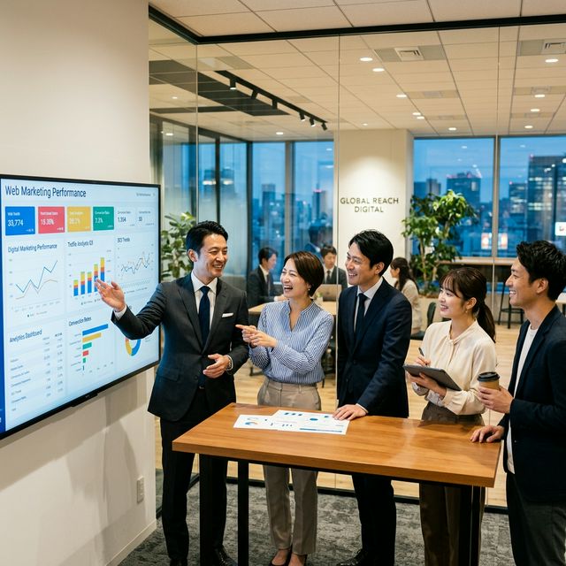 Webマーケティングデータを見て語り合っているような日本人ビジネスマン